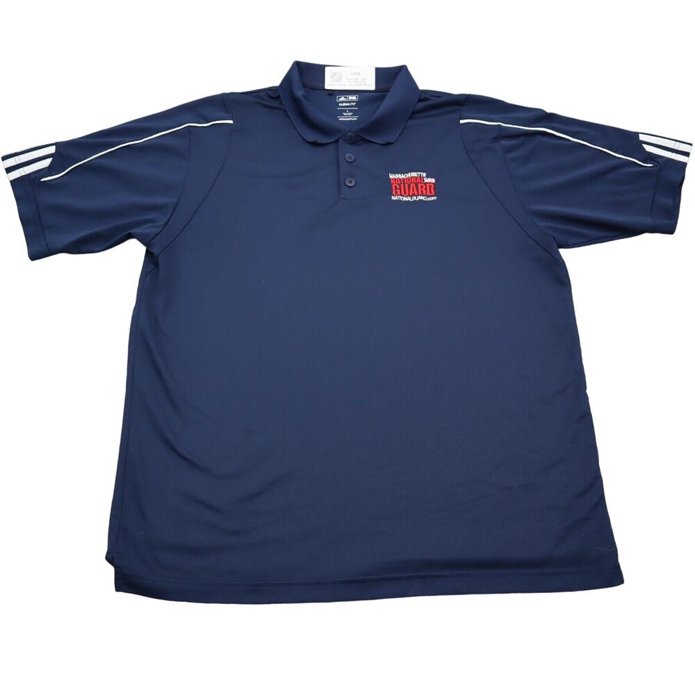 Adidas Shirt Mens L Dark Blue Climalite Short Sleeve Collared Chest Guard logo